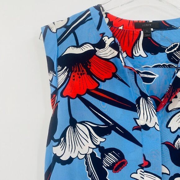 J. Crew Size 2 Blue Sleeveless Silk Popover Shirt in Deco Floral Blouse Top - Picture 5 of 9